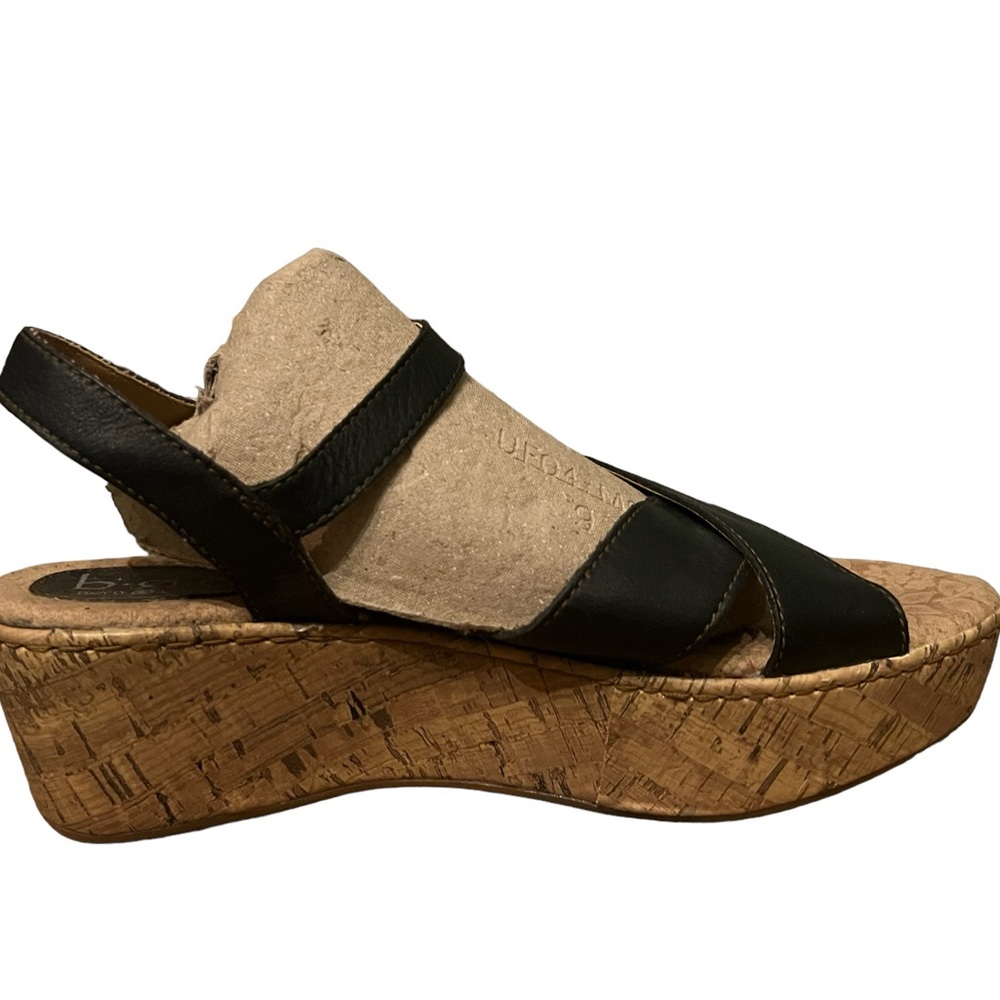 b.o.c. Black Leather Kork Wedge Sandals Women’s